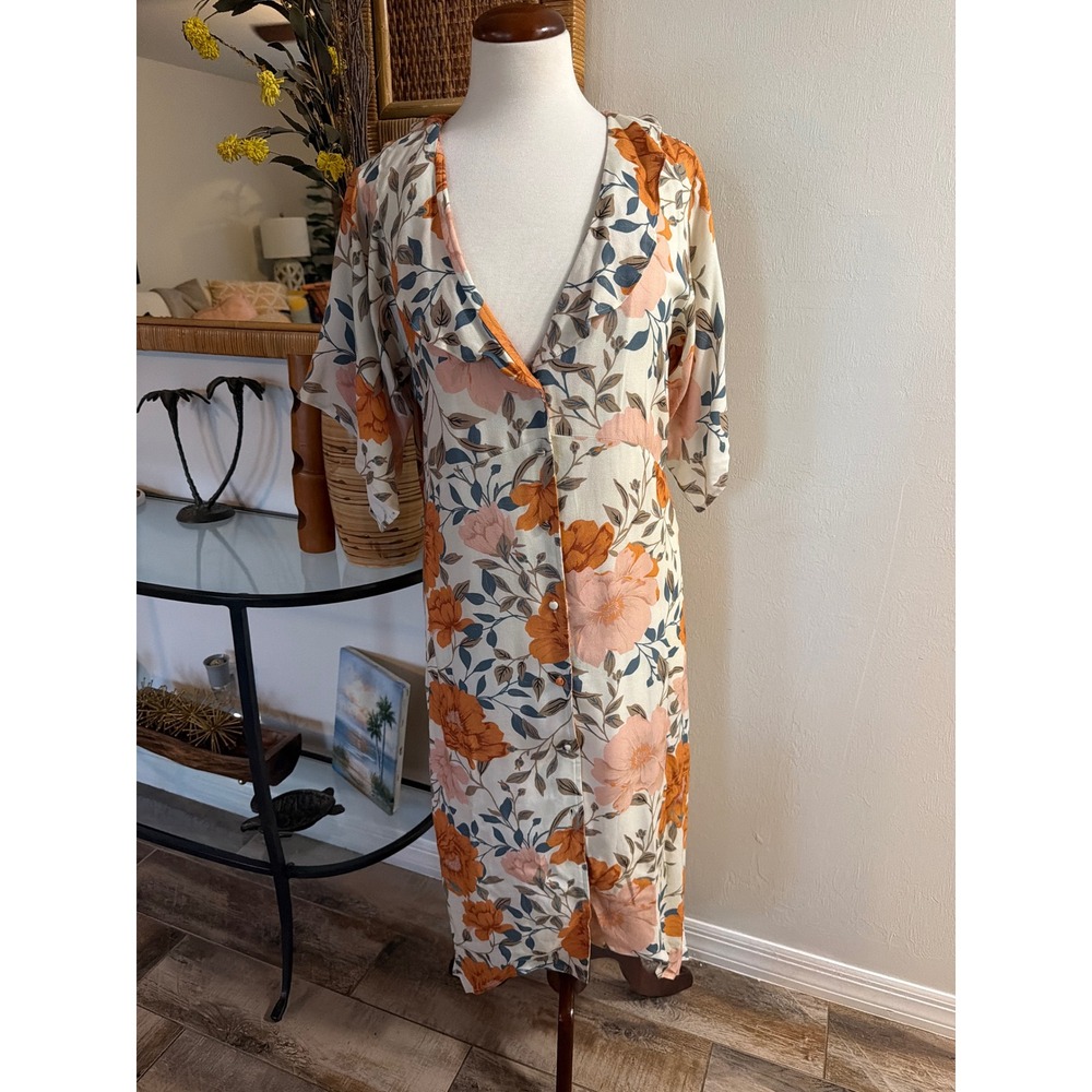 NWT Saltwater Luxe Orange Floral Button Down Short Sleeve Midi Shirt Dress sz S